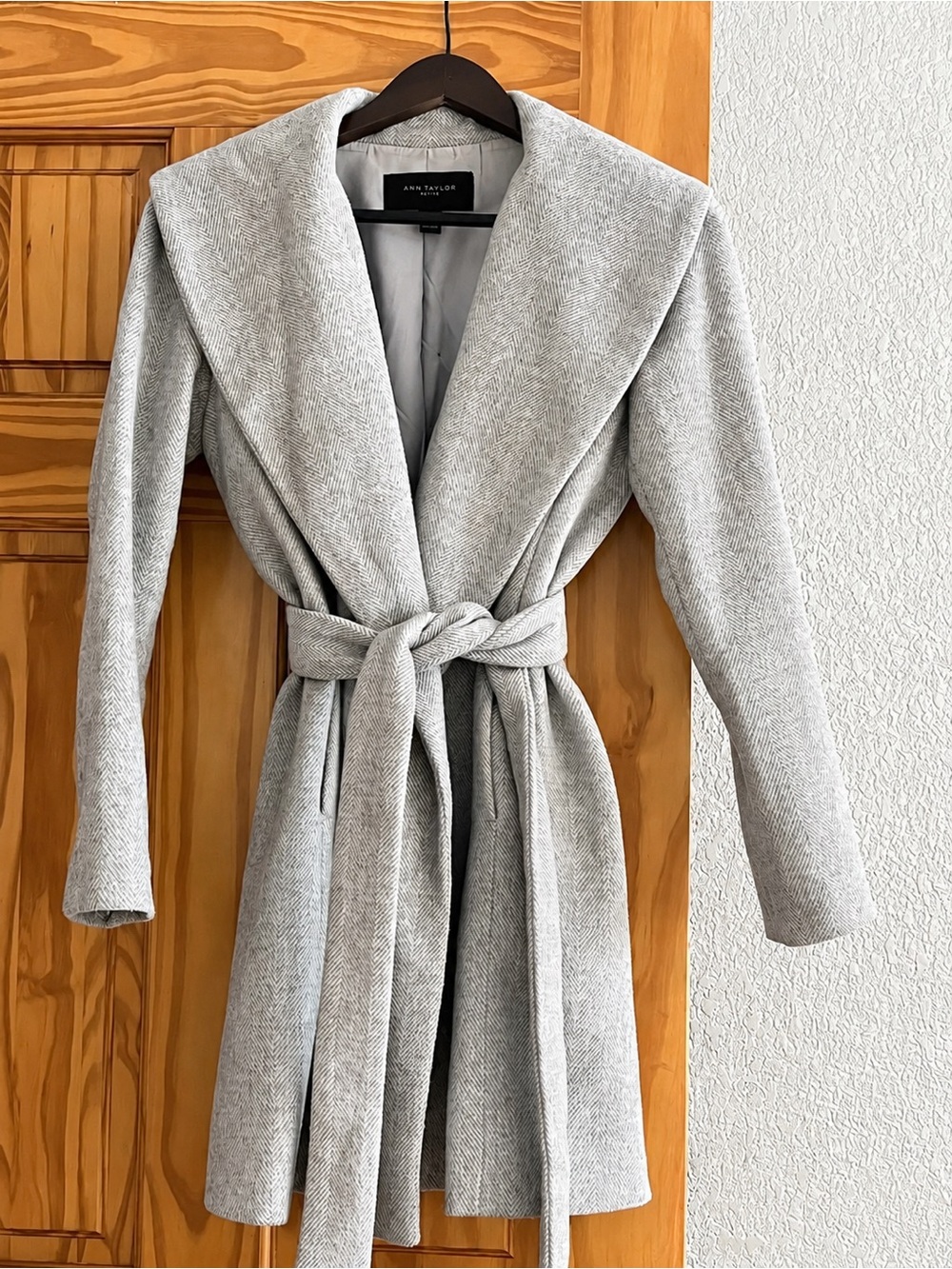 Ann Taylor Gray Wrap-Front Wool Blend Coat with Shawl Collar